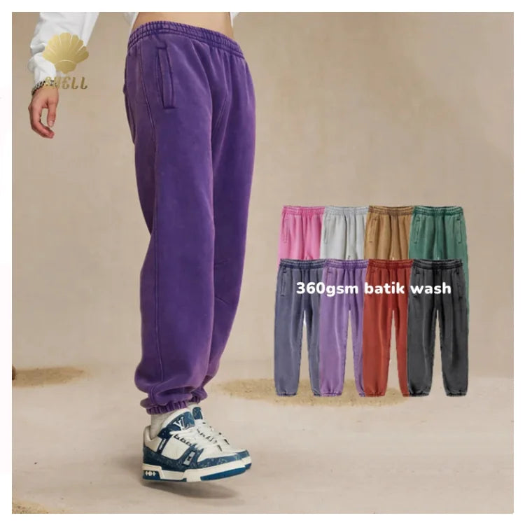 CNSHELL 360gsm Fleece Warm Batik Print Sun Fade White Look Tight Feet Vertical Hip Pocket Vintage Jogger Pants