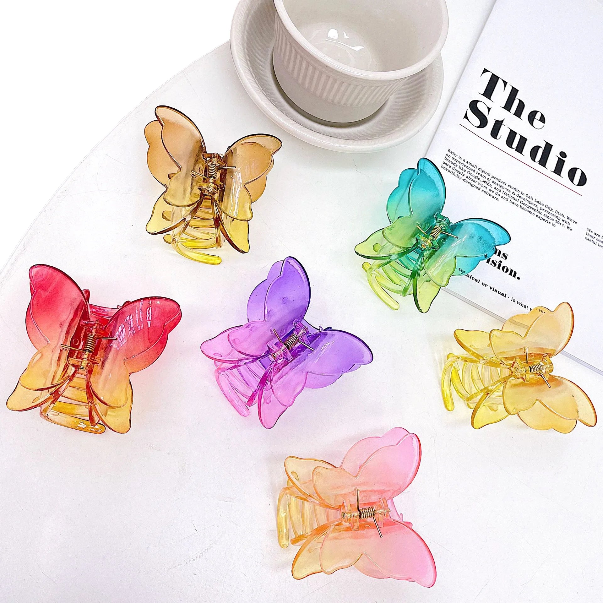 MIO Korean Colorful 5cm Medium Size butterfly Hair Claws Clamp Resin Hair Claw Clip for Girls Kids Ponytail Clips