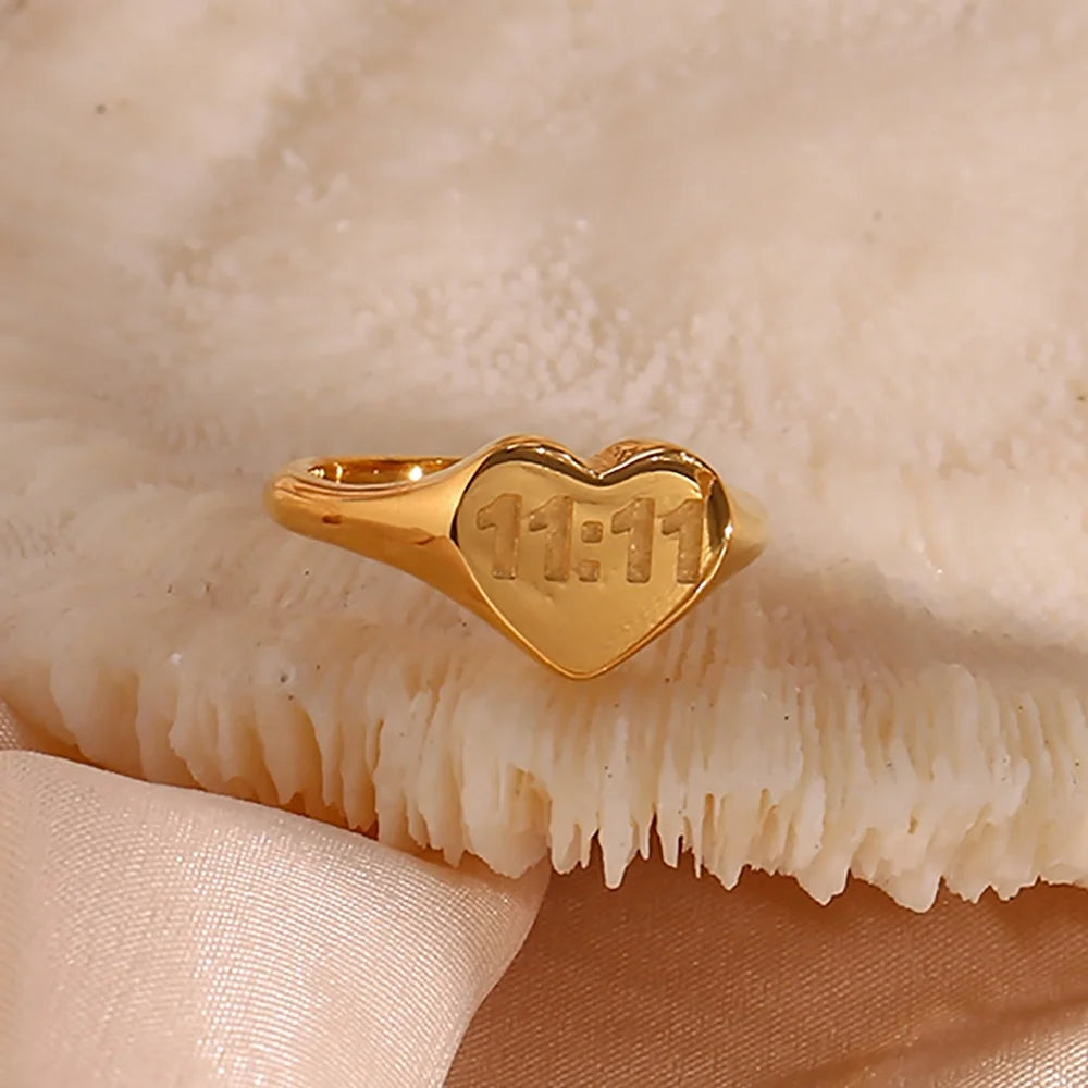Dreamshow Heart Ring 18K Gold Plated Stainless Steel 11:11 Number Rings Jewelry Women