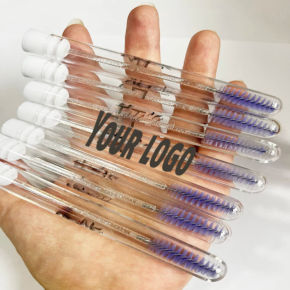 Custom logo Glitter Mascara Brush Lash Wands with Tube Lash Spoolies Brush Diamond Eyelash Extension Brush Wands Spoolie in Tube