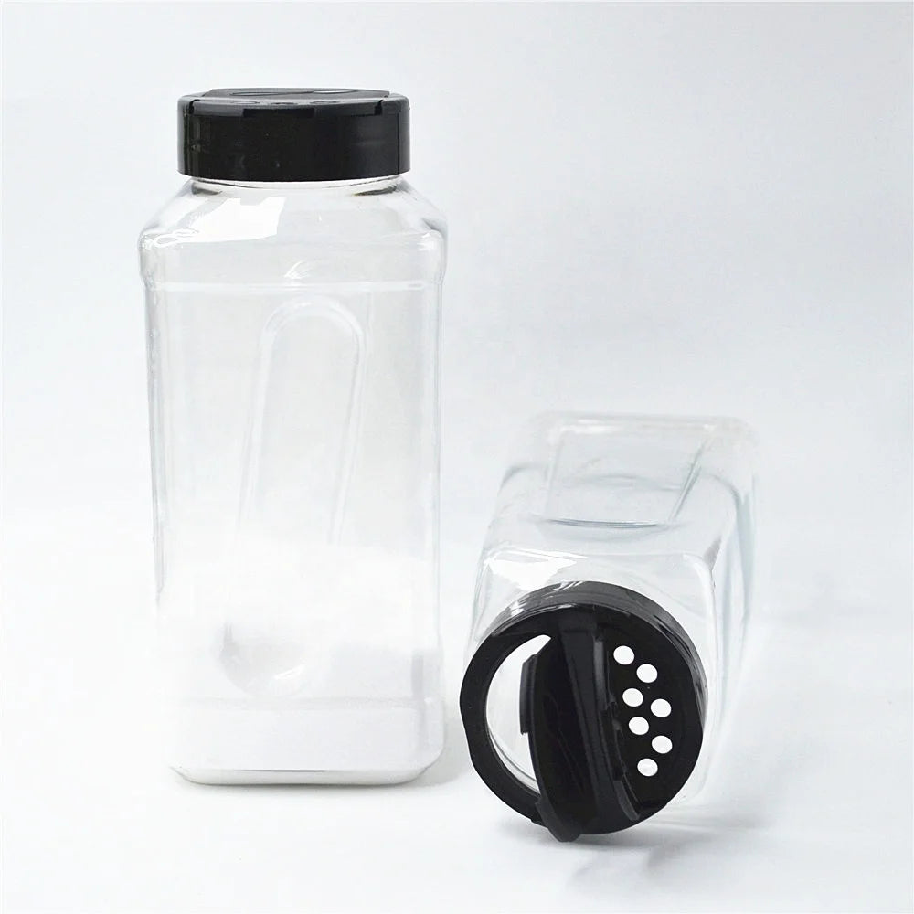 32oz PET Plastic Square Spice Jar with 63mm Double Flapper Cap Pepper Shaker Seasoning Bottle Container Spice Tools