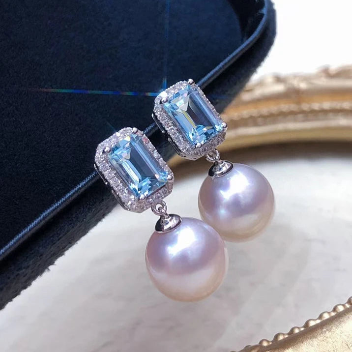 Huitan Hot Sale Wholesale Trendy Geometric Design Crystal Cubic Zirconia Pearl Earrings for Silver Plated Pendant Earrings Women
