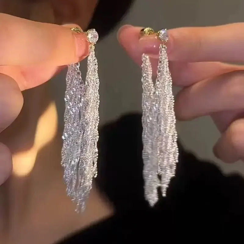 Women New Style Silver Color Cubic Zircon Waterfall Chain Long Tassel Dangle Earrings for Wedding Party Gifts Jewelry