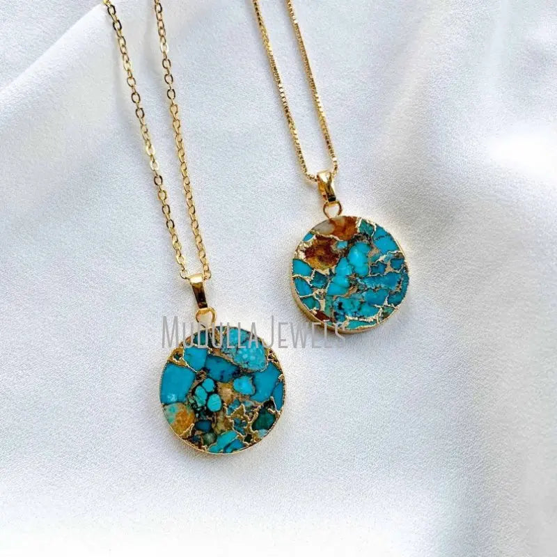 NM36556 Gold Plated Raw Turquoise Coin Circle Shaped Gemstone Medallion Pendant Necklace Link Chain Bohemian Style Gift