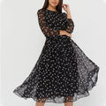 S-XXL Spring and Summer Chiffon Dress Long-sleeved Coffee Black Polka Dot Lace Printed Dress Skirt Women Clothing