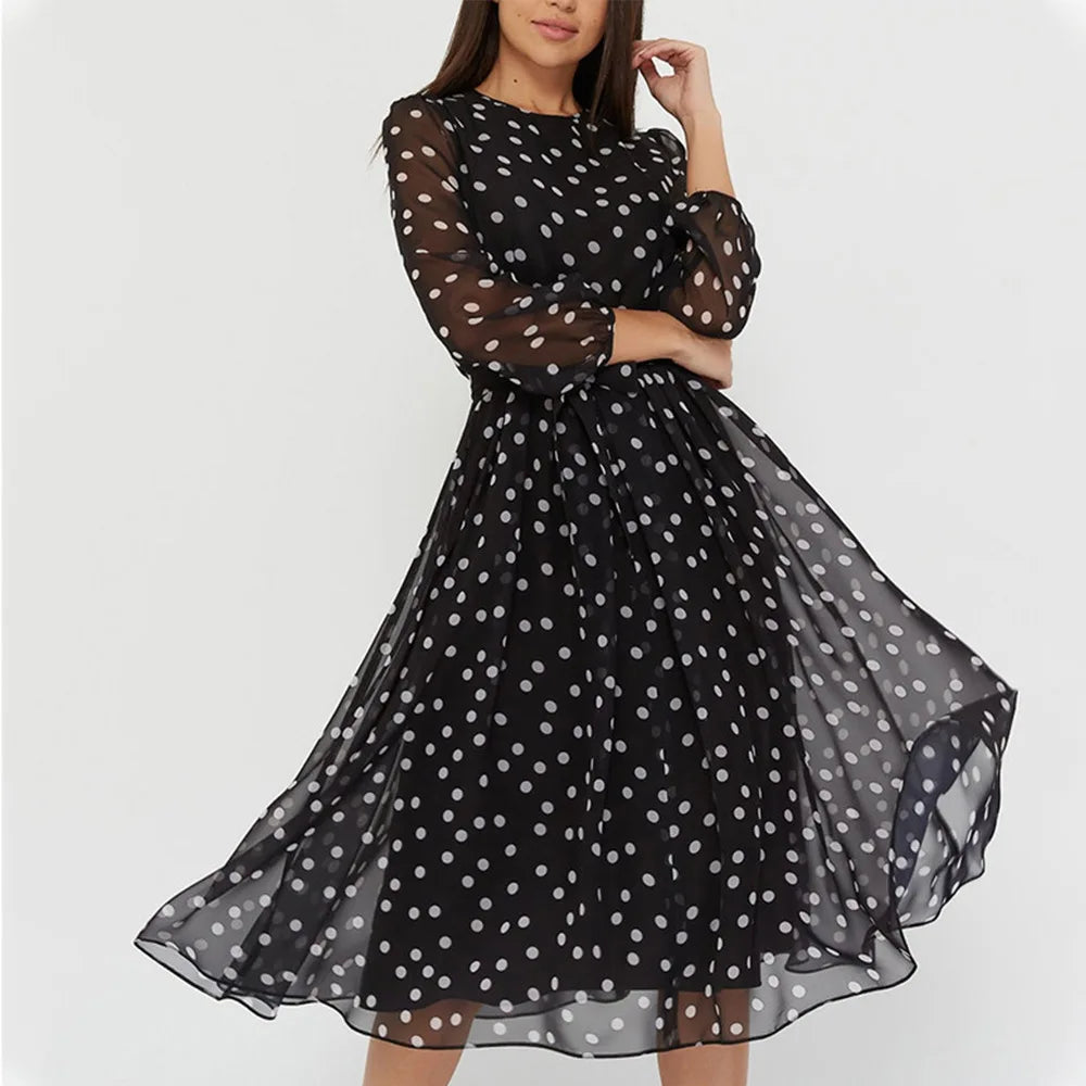 S-XXL Spring and Summer Chiffon Dress Long-sleeved Coffee Black Polka Dot Lace Printed Dress Skirt Women Clothing