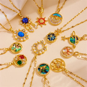 18K Gold Stainless Steel Zircon Pearl Irregular Pendant Necklace Fashion Clavicle Sun Star Necklace Jewelry