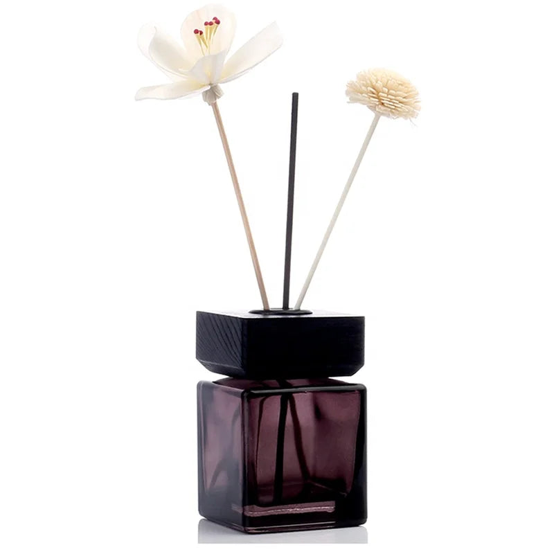 Luxury Empty 100ml Gray Black Reed Glass Diffuser Bottle Aroma Packaging with Wooden Cap