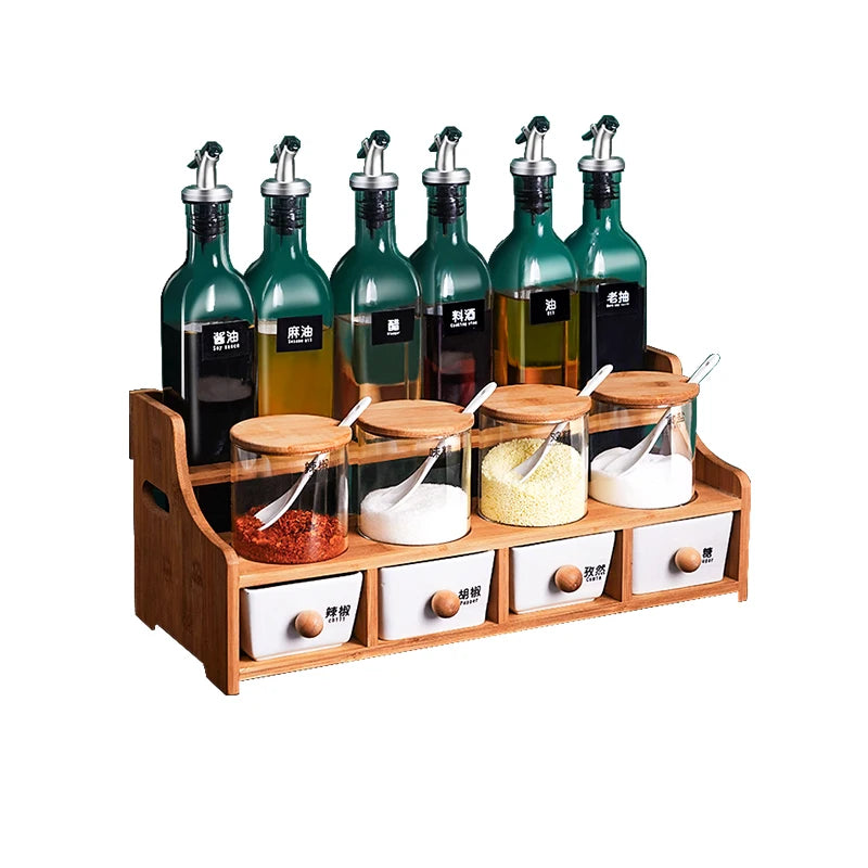 Bamboo Kitchen Rack Set Adjustable Glass Jar Holder Double Tiers for Spice Storage Container Seasoning Bottles CNLF Drawer Tray