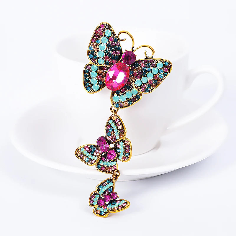 Cute Diamond 3 Butterflies Brooch Pin Multicolor Rhinestone Crystal Butterfly Brooch for Women
