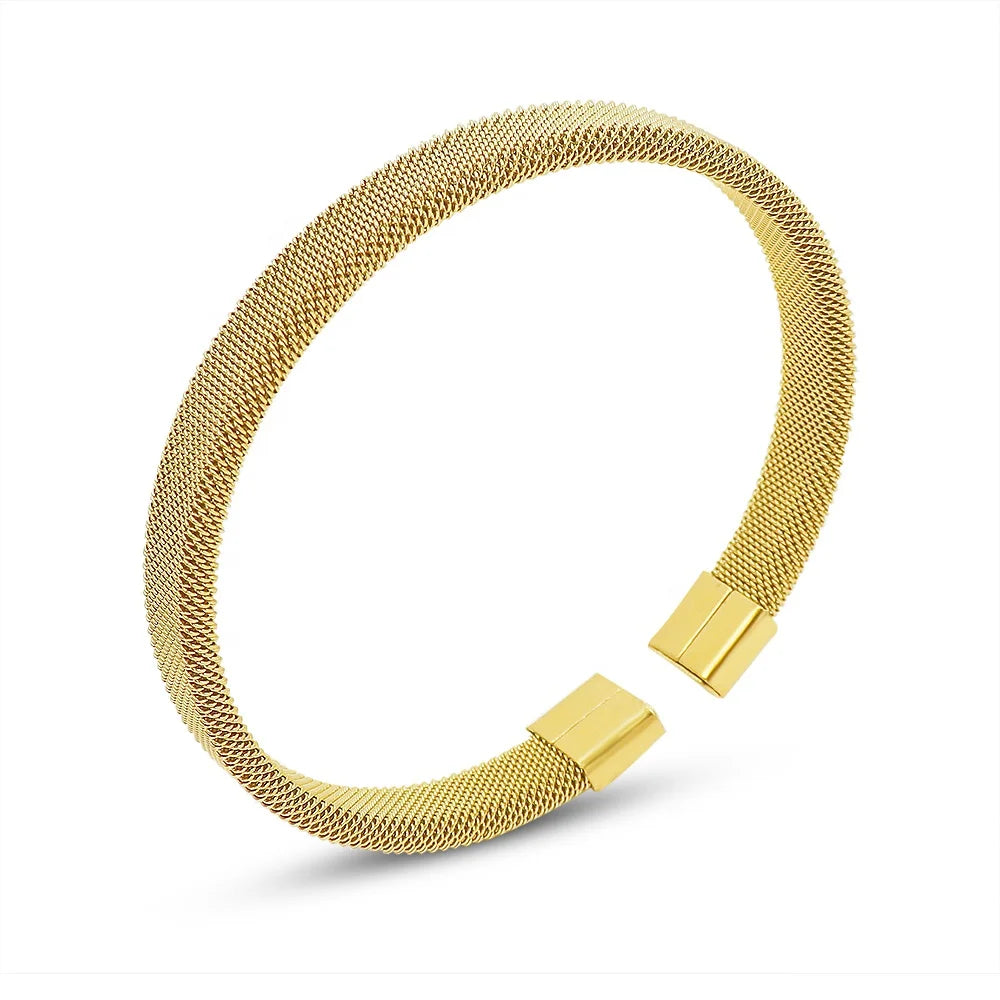Elegant Minimalist 18K Gold Plated Stainless Steel Wrist Mesh Weave Open Cuff Bracelet Bangle for Daily Dating Holiday Gift