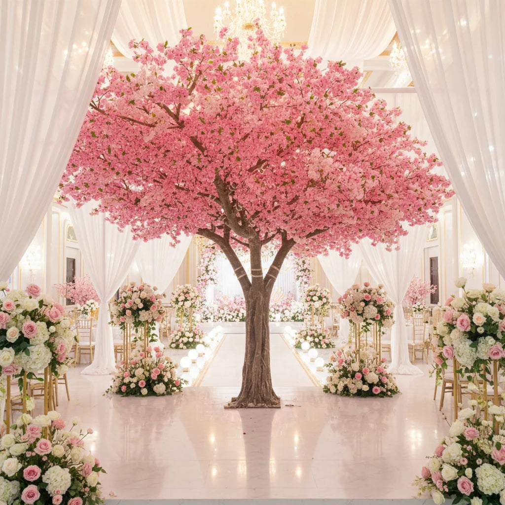 Custom 2m-20m Rayon Flower Tree Large Flower Cherry Tree Glass Fiber Trunk Wedding Decoration Garden Custom Tree