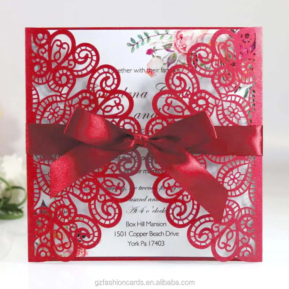 Square Laser Cut Floral Pattern Invitation Card Peacock Figure Card with Ribbon Bow MegaBDM