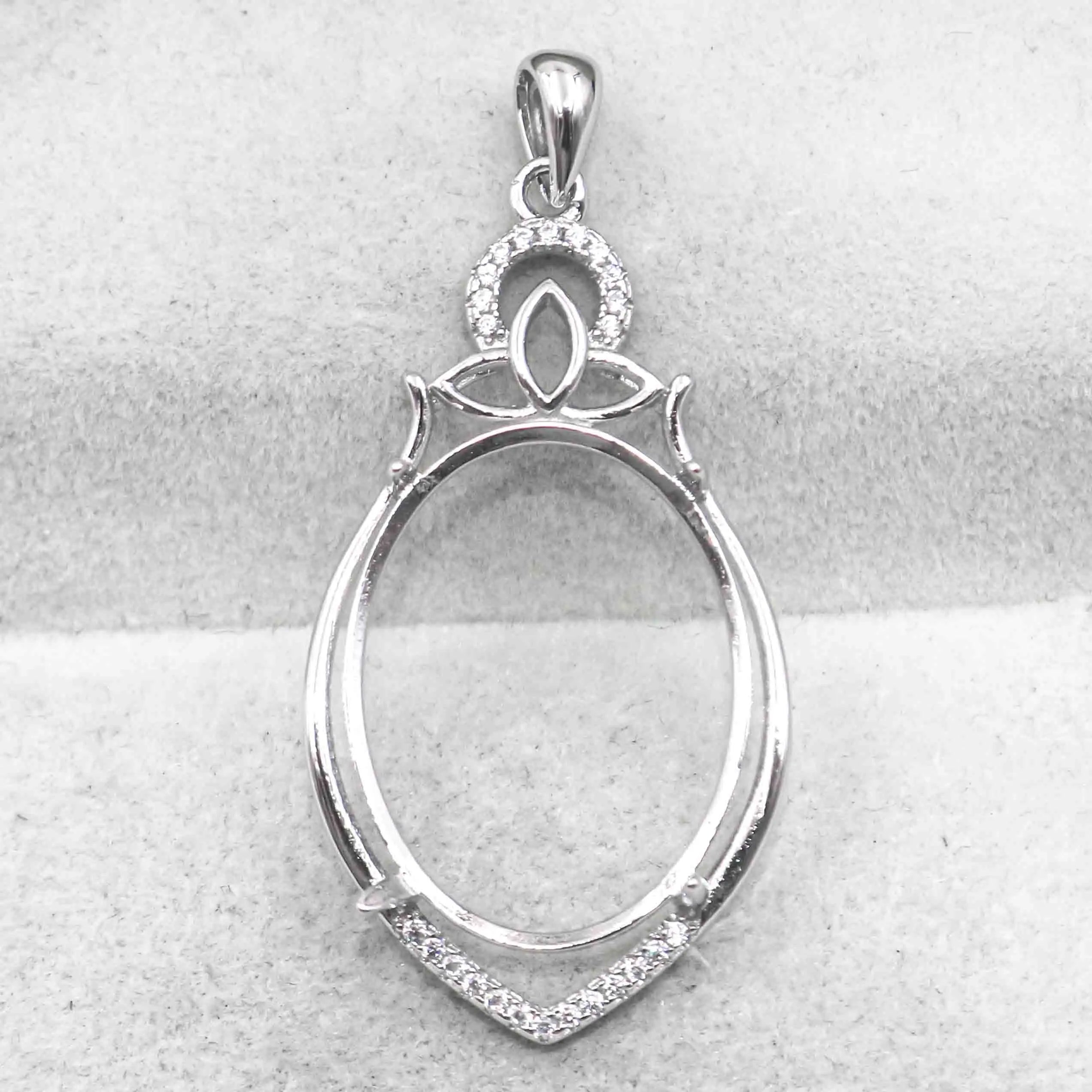 Sterling Silver 17*22mm Semi Mount Pendant Empty Frame Blank Support Setting S925 Base Holder Without Center Stone for DIY Inlay