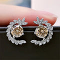 CAOSHI Wedding Jewelry Champagne Color Round Cut Crystal Rhinestone Earring Leaf Shape Full Cubic Zirconia Stud Ear Earrings