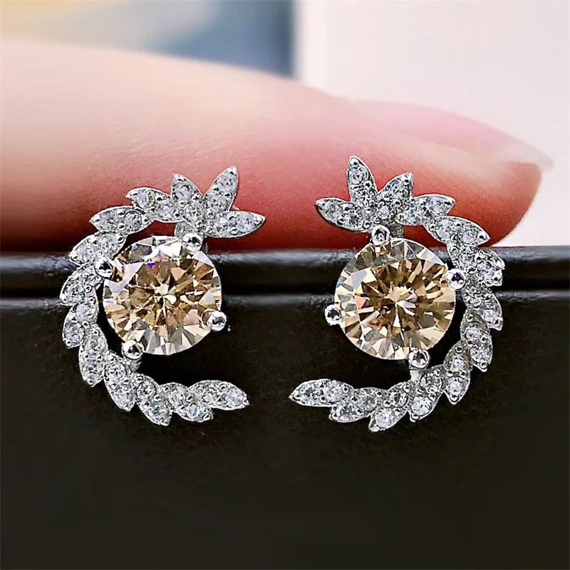 CAOSHI Wedding Jewelry Champagne Color Round Cut Crystal Rhinestone Earring Leaf Shape Full Cubic Zirconia Stud Ear Earrings