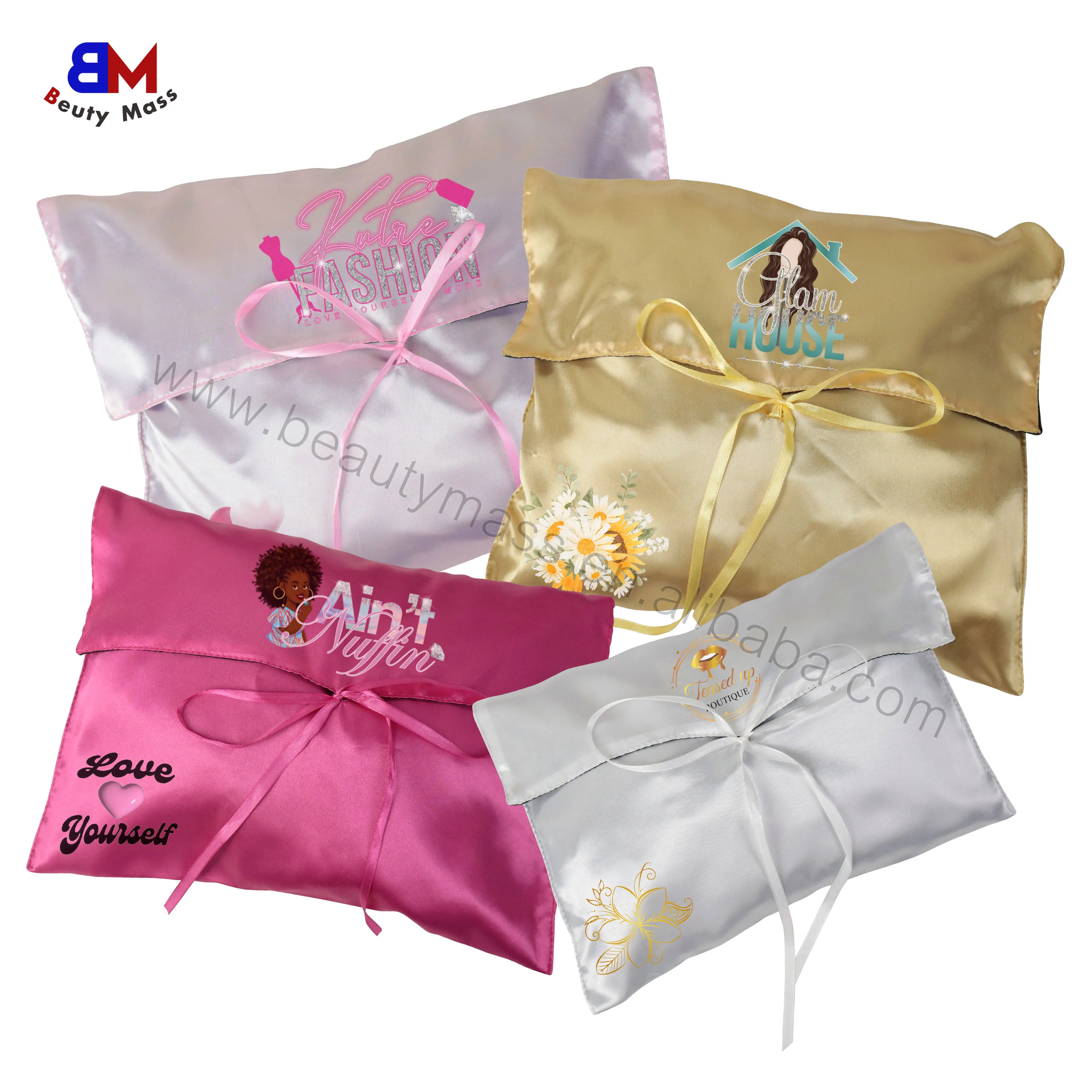 Custom Logo Luxury Silk Satin Makeup Cosmetic Bag Black Satin Bag Hair Wig Extensions Packaging Pouch