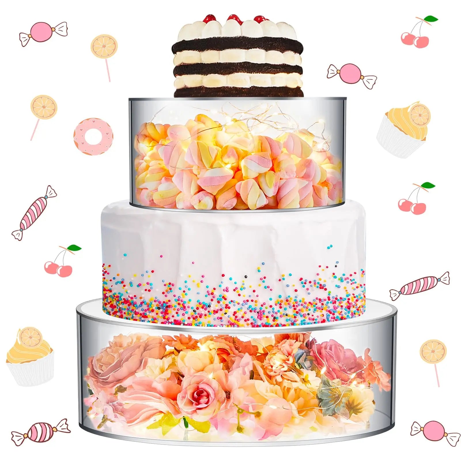 Factory Wholesale 2 Pcs LED Strings Gold Eco-Friendly Acrylic Cake Stands Artificial Flowers Cake Father's Day Christmas