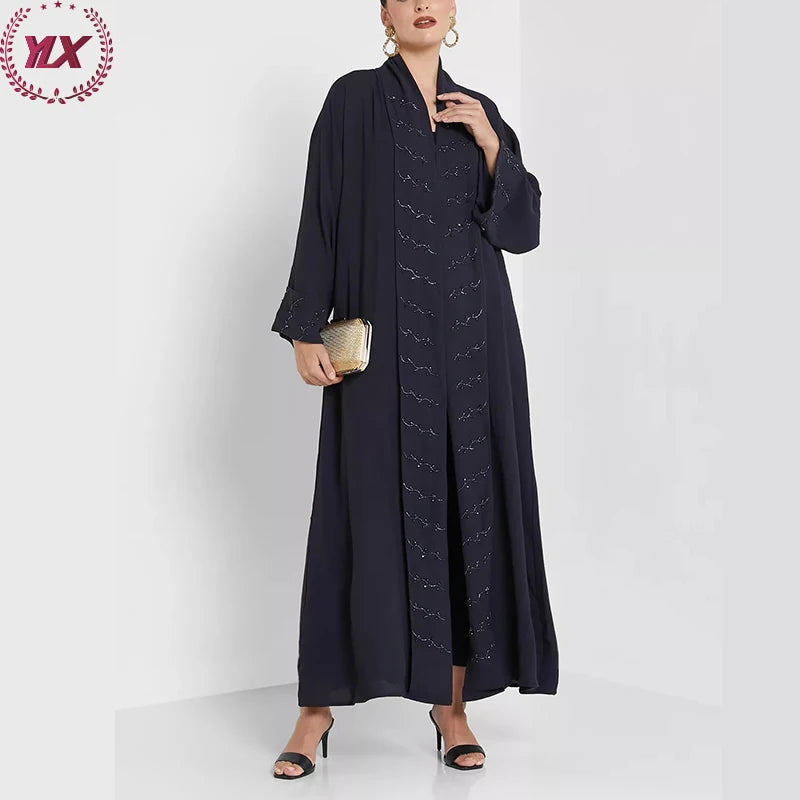Muslim Abaya Dresses Dubai Wholesale Simple Open Abaya Beading Embroidery Cotton Women OEM Service Adults Islam Design Black