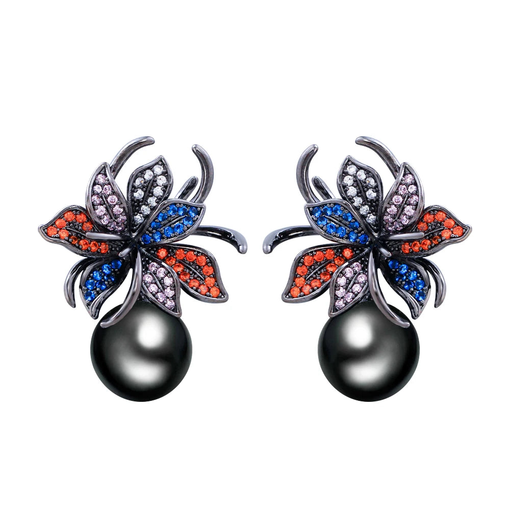 Pretty Multi Color Cubic Zirconia Geometric Blooming Leaf Flower Dangle Drop Gray Pearl Engagement Earrings for Women Jewellery