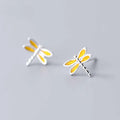 Yellow Dragonfly Flying Insect Design 925 Sterling Silver Cute Nature-Inspired Stud Earrings