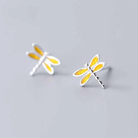 Yellow Dragonfly Flying Insect Design 925 Sterling Silver Cute Nature-Inspired Stud Earrings