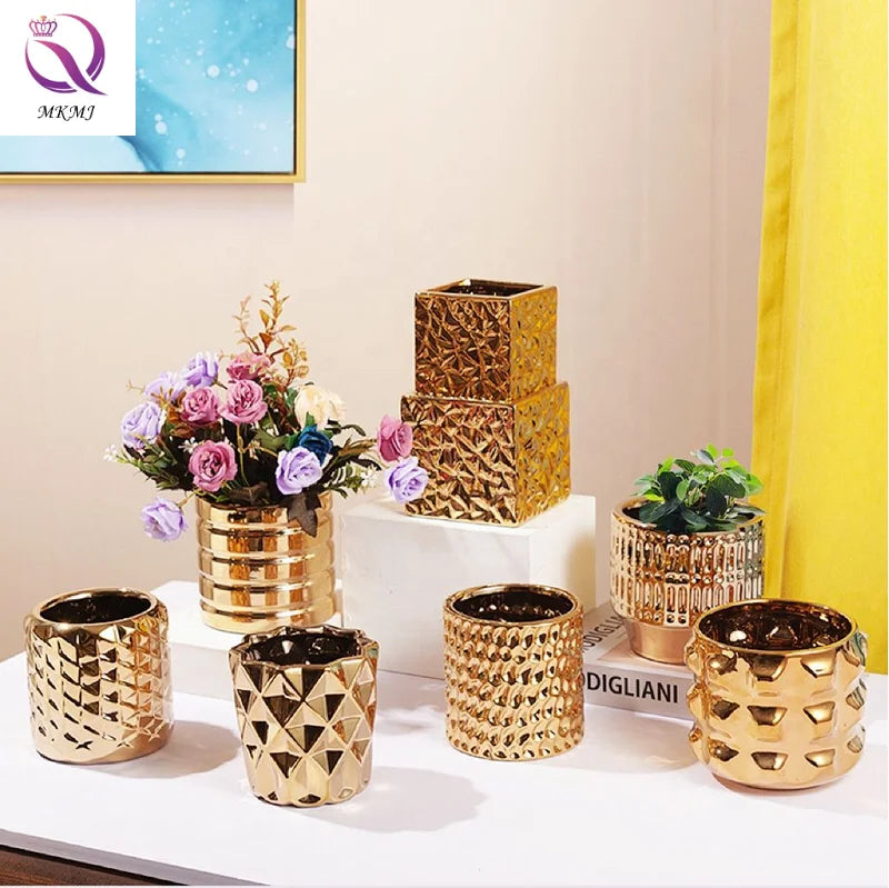 Light Luxury Gold Electroplated Ceramic Vase Relief Geometric Art Desktop Flower Vase Nordic Glazed Interior Decoration