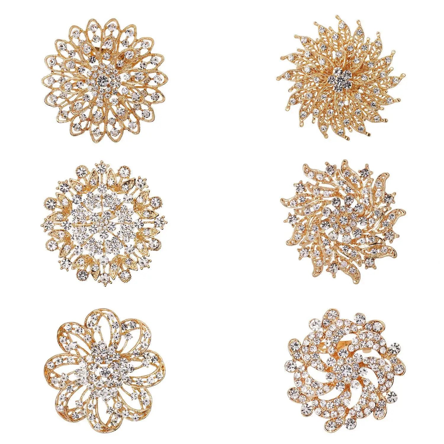 Women Jewelry Rose Gold Plated 6pcs Clear Crystal Rhinestones Brooch Pin Set for DIY Wedding Bouquets Kit
