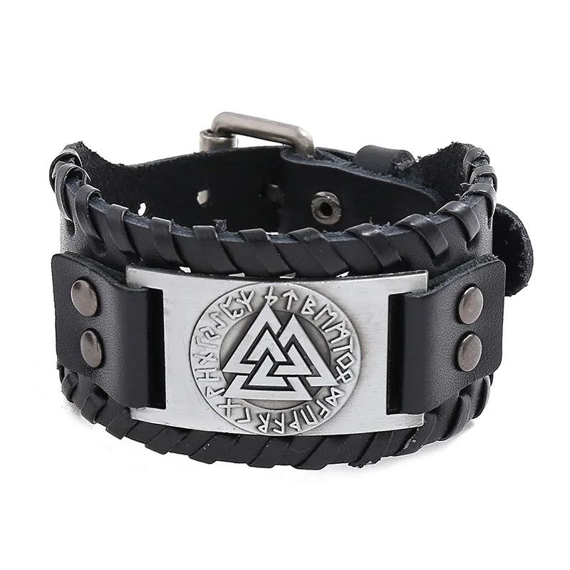 Nordic Style Wide Woven Leather Cuff Bracelet Men's Odin Rune Viking Totem Jewelry Fashion Accessory