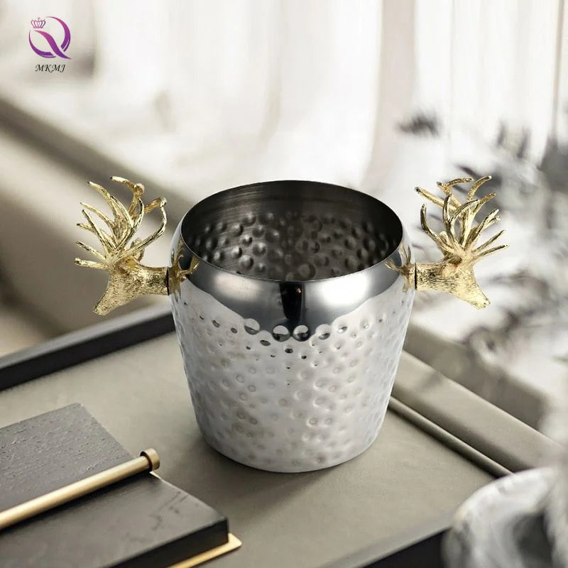 MKMJ Creative Golden Deer Metal Red Wine Barrel High Quality Iced Beer Cooler Stainless Steel Ice Bucket Kitchen Home Decor