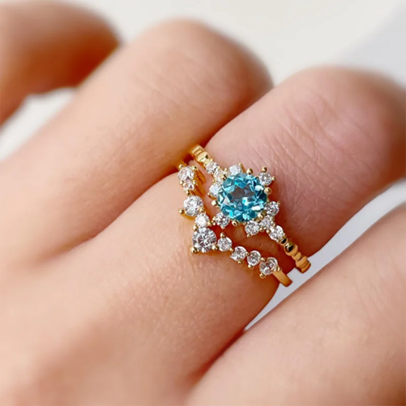 925 Sterling Silver Fine Jewelry Rings Simple Retro Snow Flower Shaped Sea Blue Zircon Gold Plated Rings Jewelry Women