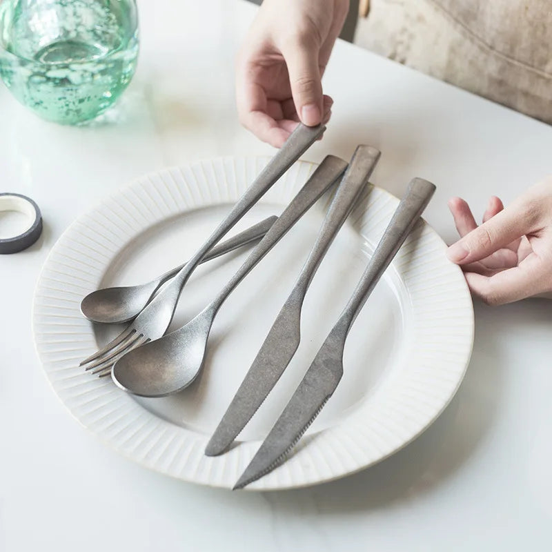Stone Washed 304 Stainless Steel Cutlery Set Vintage Matte Silver Flatware Set Retro Industrial Style Silverware for Restaurant