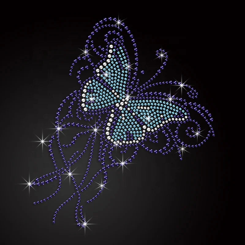 Stock Design Rhinestone Heat Transfer Iron on Blue Butterfly Rhinestone Hotfix Transfer