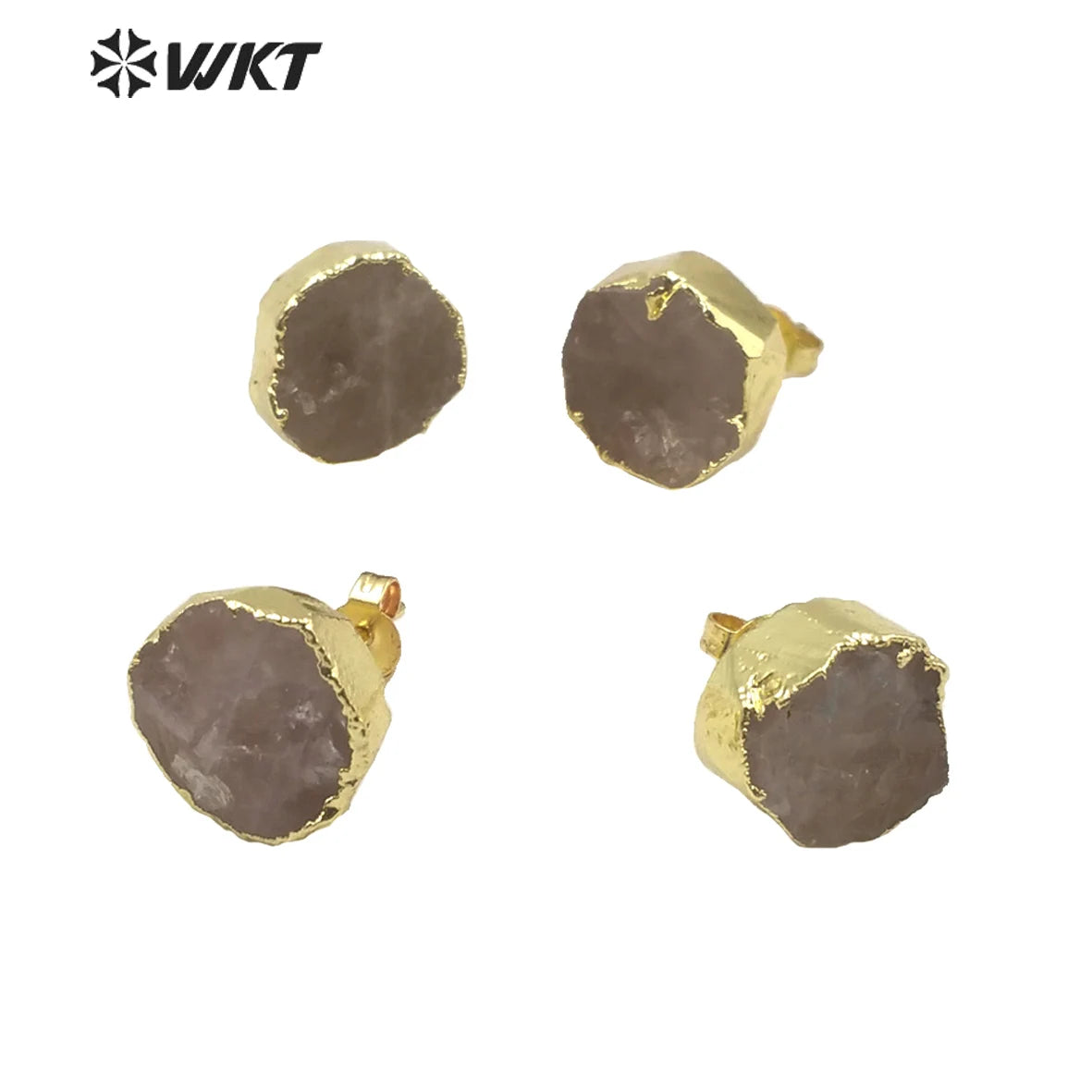 WT-E631 WKT 18k real gold plated raw rose quartz stone studs fashion women round 12mm pink stone quartz studs earrings