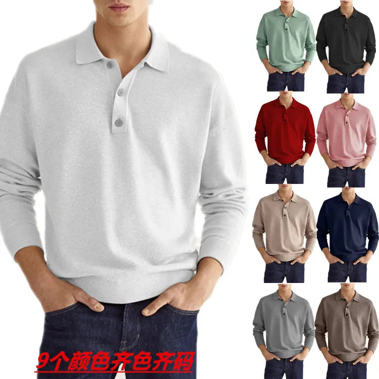 Men's Casual Long Sleeve V-Neck for Polo Shirt Autumn Print Knitted Fabric Button-Up Design
