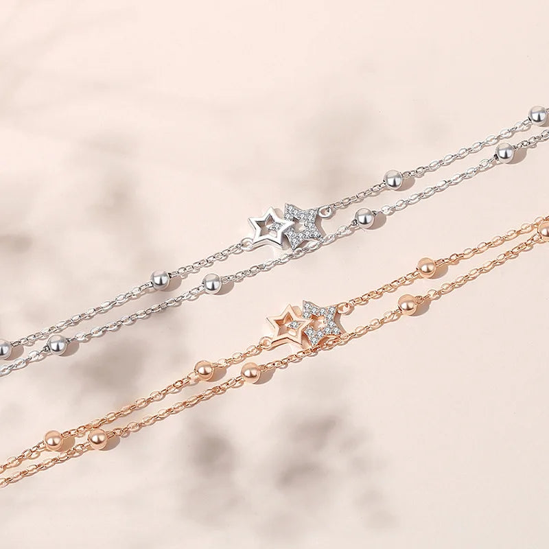 Romantic Five Pointed Star Bracelets Rose Gold Silver Inlay Zircon Pentagram 925 Sterling Silver Thin Chain Bracelets