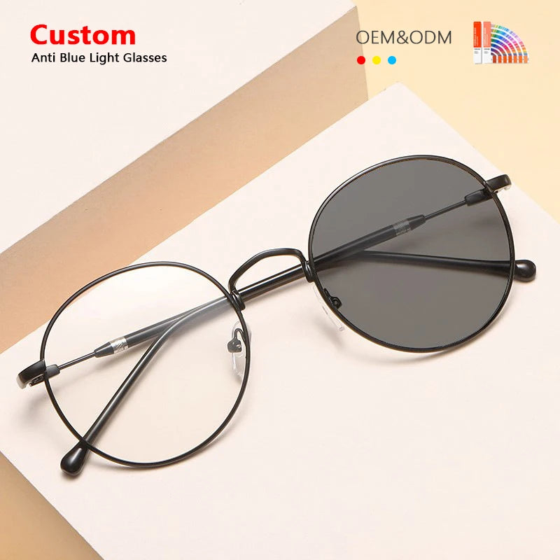 Wholesale 2025 Fashion Metal Computer Glasses Frames Round Anti Blue Light Photochromic Glasses for Men Women