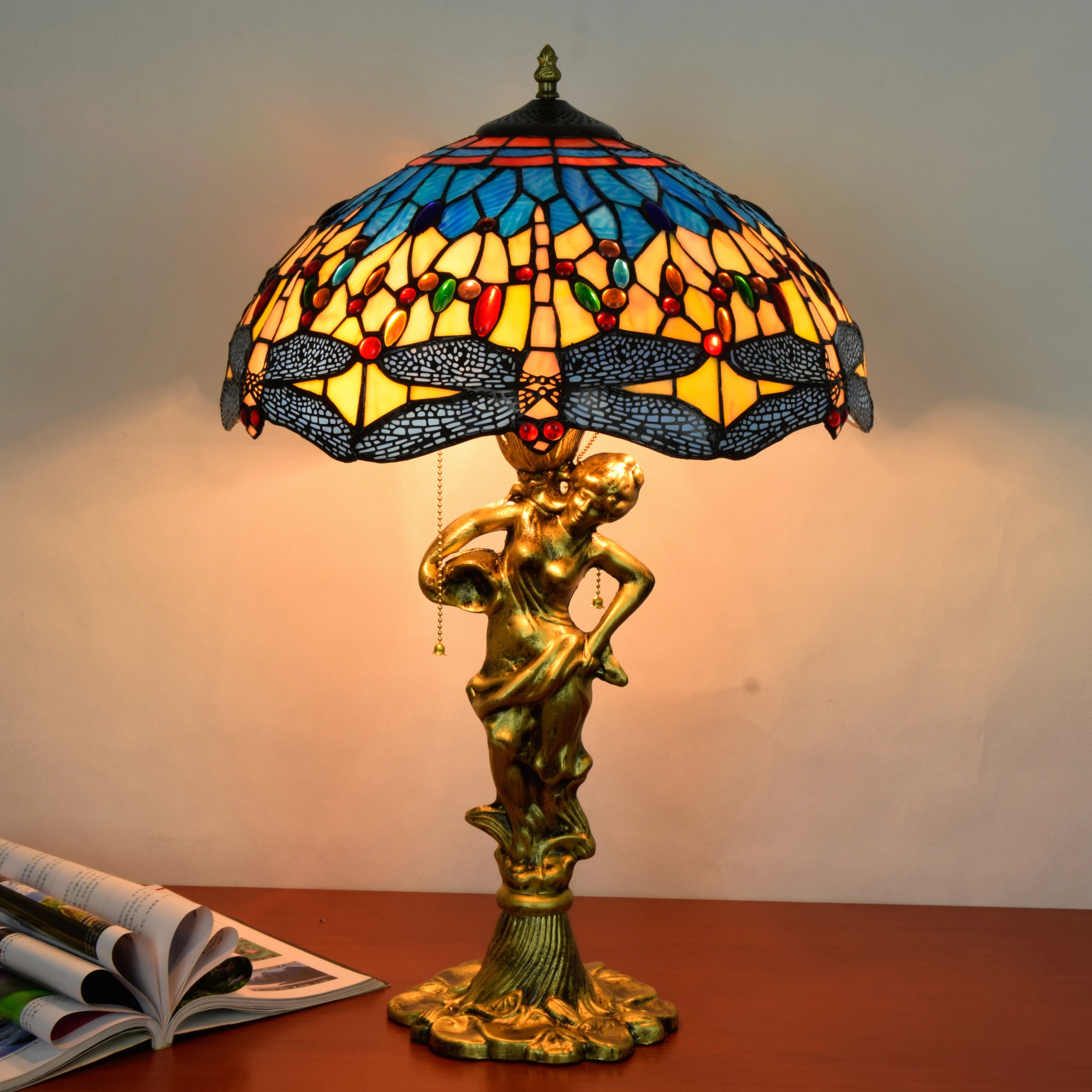 Mediterranean Blue Dragonfly Retro Decorative Table Lamp Tiffany bar Dining Room Bedroom Bedside Reading Table Lamp
