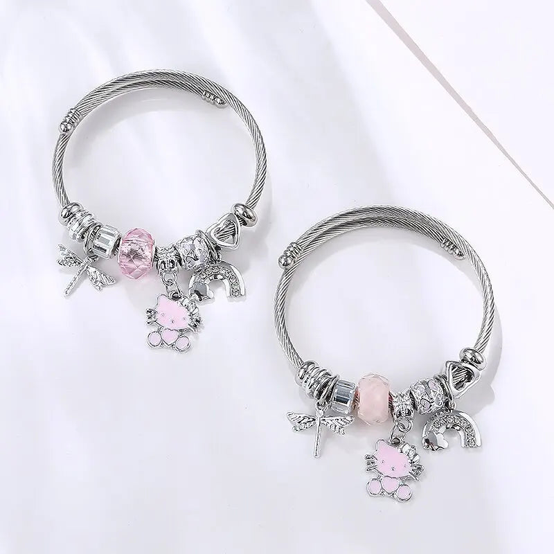 Fashion Dragonfly Cat Charm  Stainless Steel Bracelet Tassel rainbow Pendant Bangle  for Women