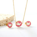 Cute Round Hollow Butterfly Jewelry Set Necklace and Earrings Cute Pink Enamel Stainless Steel Jewelry for Kids