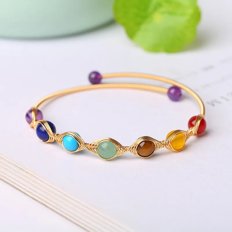Luxury Fashion Woman Jewelry Handmade 18k Gold Plated Wire Wrapped Jewelry Crystal 7 Chakra Cuff Bangle for Women