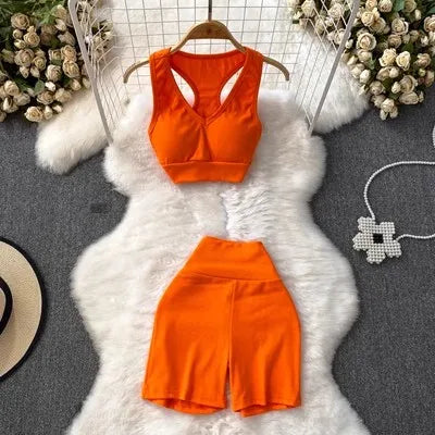 One Size Sports Fashion Set High Waisted Running Casual Tight Belly Wide Leg Shorts Short V-neck Camisole Vest Two Piece Set