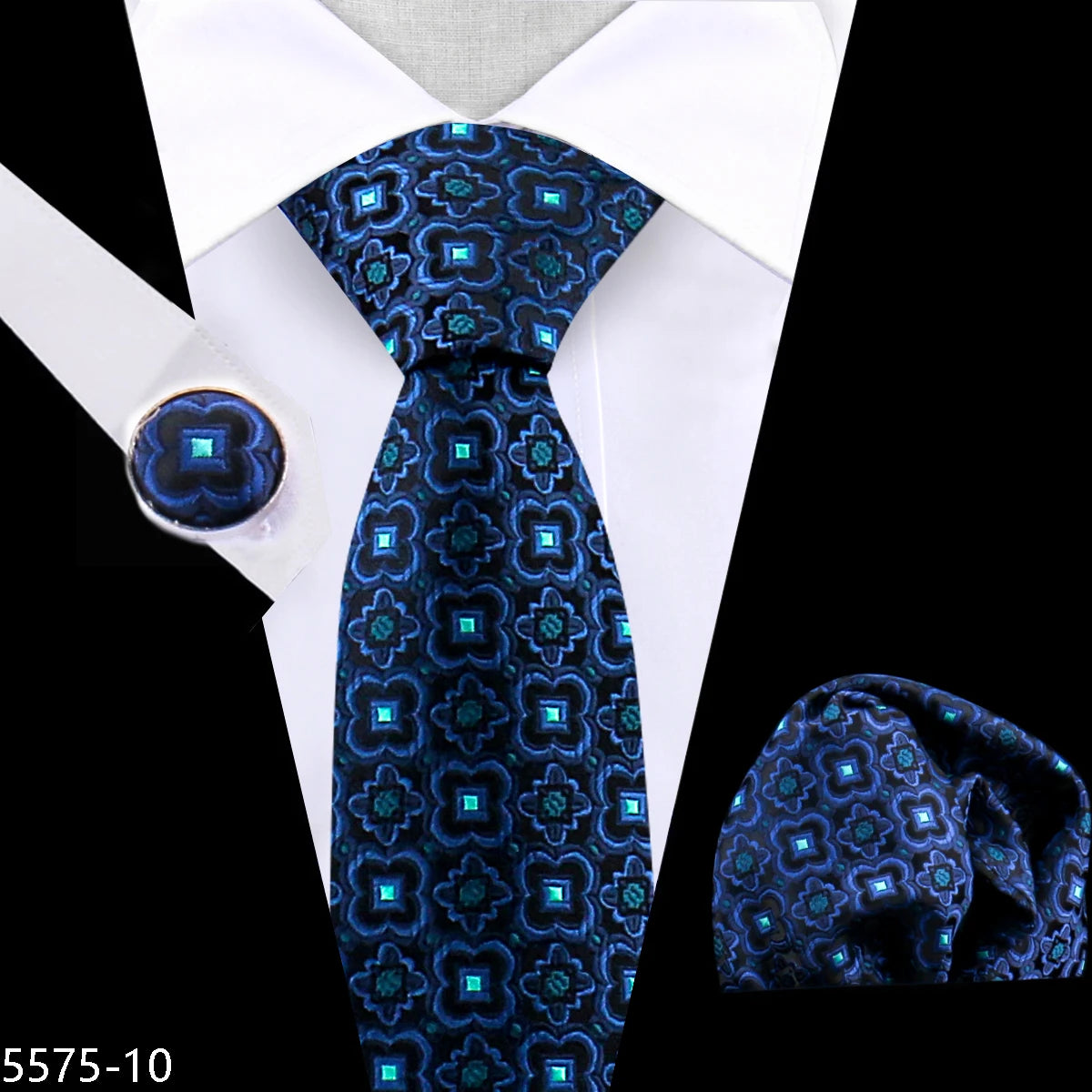 2024 Navy Floral Silk Luxury Tie for Men Set Polyester Wedding Men's Tie Set Custom Tie and Handkerchief Set