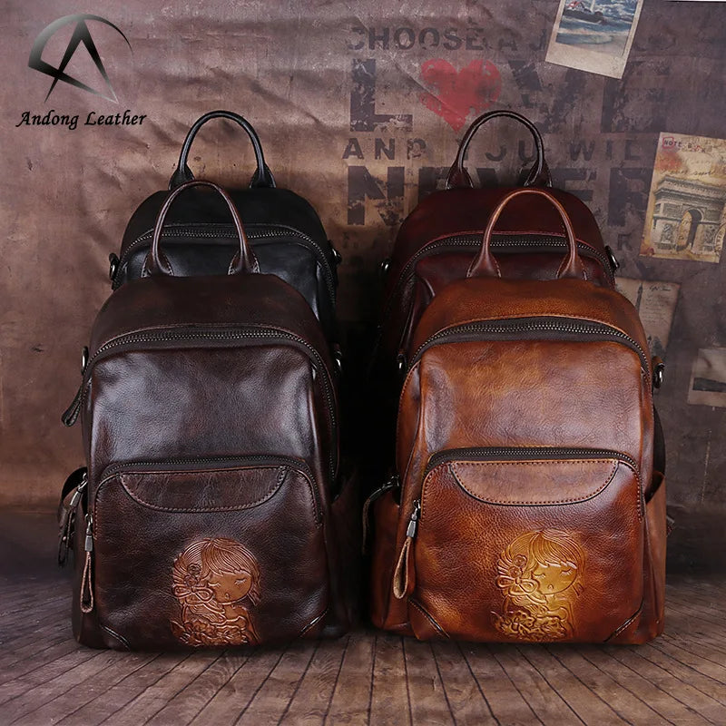 Andong Backpack for Women Genuine Cow Leather Vintage Fashion Elegant Ladies Shoulder Bag Large Capacity Backpacks Retro
