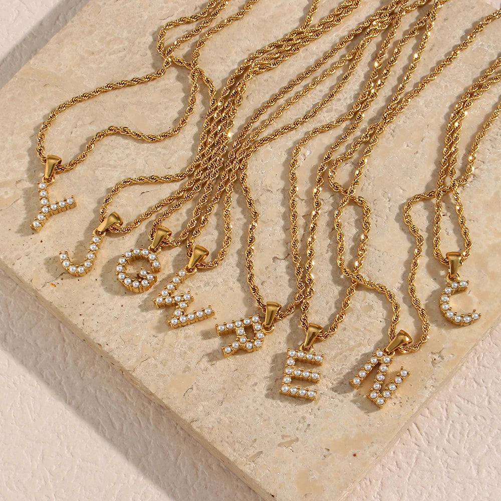 Fashion Jewelry Pearl Initial Necklace Stainless Steel Gold Rope Chain Pearl Necklace With Letter for Women
