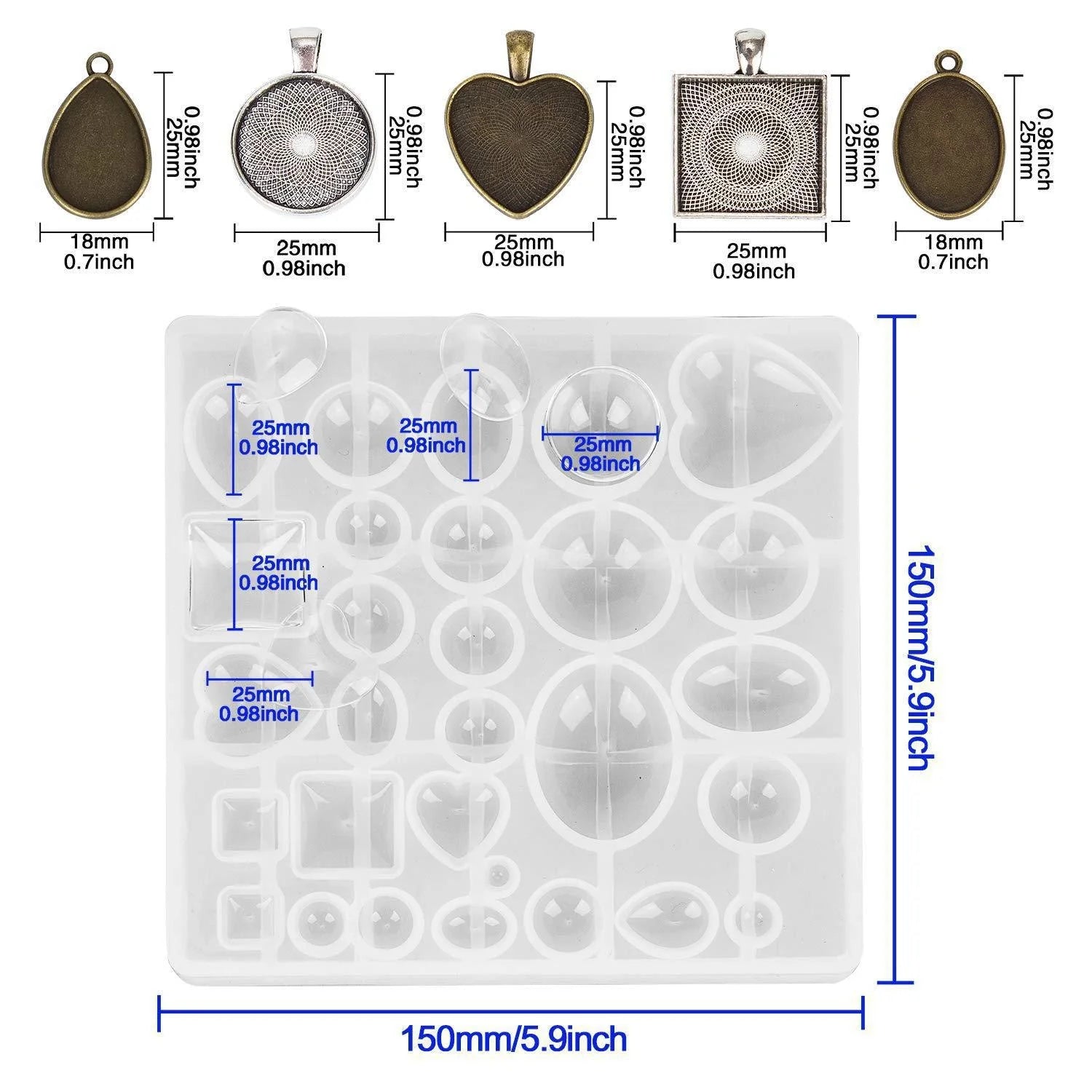 Wholesale 31-Piece Silicone Mold Set for Alloy Pendant Including Round Square Heart Elliptical Designs Packaged in OPP Bag