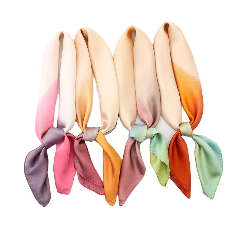 Summer Wind 70*70c Girls' Long Hair Silk Satin Scarf Gradient Candy Color Digital Simple Plain Design Small Square Scarf