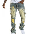 European American Men's Ripped Stretch Jeans High Street Patchwork Straight Leg Men's Distressed Elastic Denim Jeans