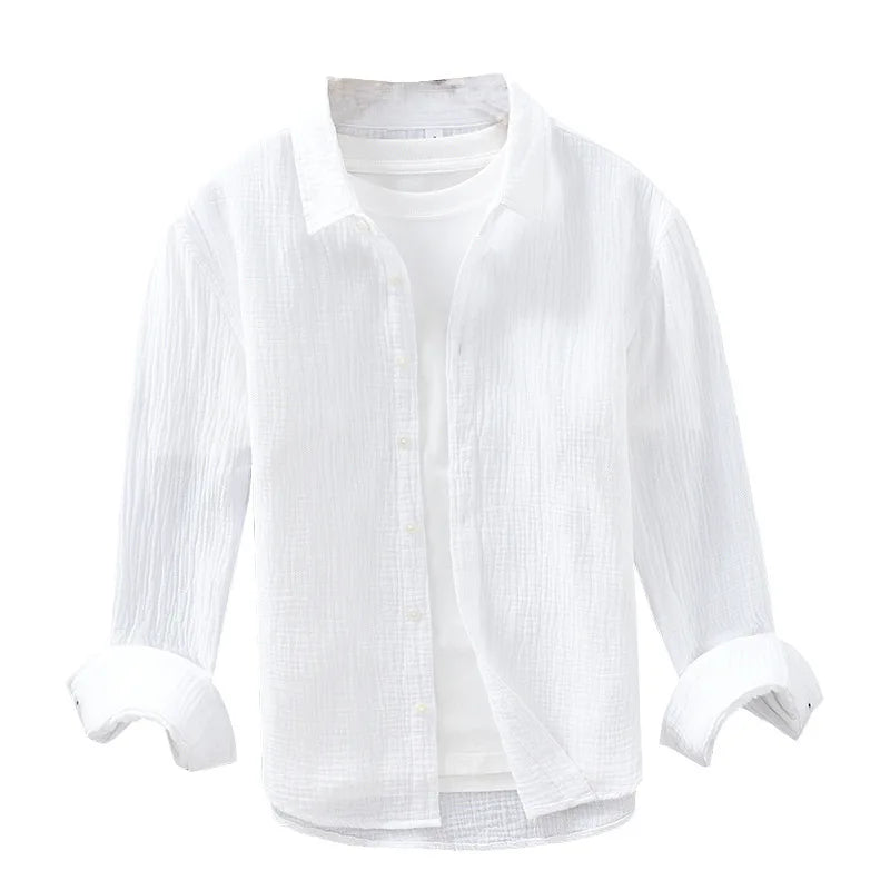 M-3XL Men's Casual Wrinkled Double-layer Gauze Long Sleeved Shirt Comfortable and Breathable square Neck Shirt
