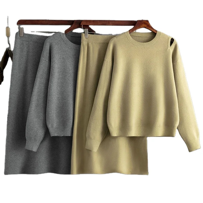 Winter Plus Size Ladies Sweater Knit Trousers Sweater Two Piece Set Popular